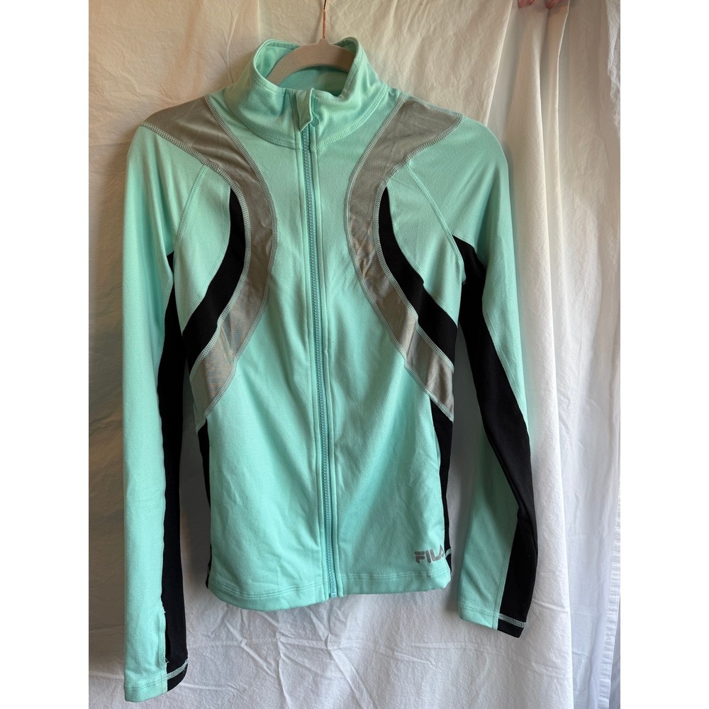 Fila‎ Sport Running Jacket Womens XS Mint Green Black Full Zip Reflective Track